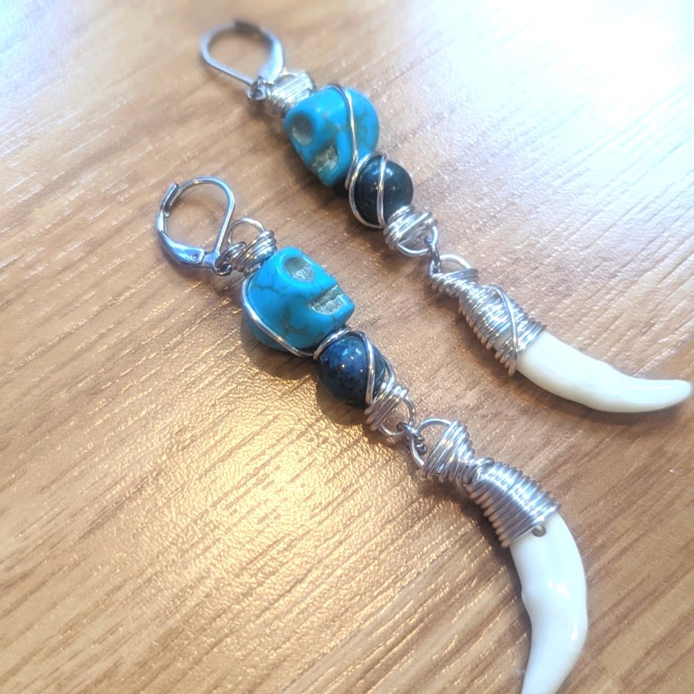 FINAL PRICE Coyote Fang Howlite Azurite Malachite Silver Wrapped Dangle Earrings